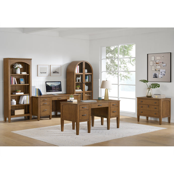 Portico Half Pedestal Desk with Power/USB in Brown Oak