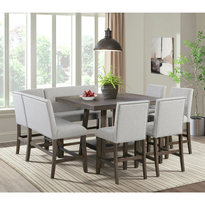 Seneca Counter Corner Bench with Upholstered Back and Grey Fabric