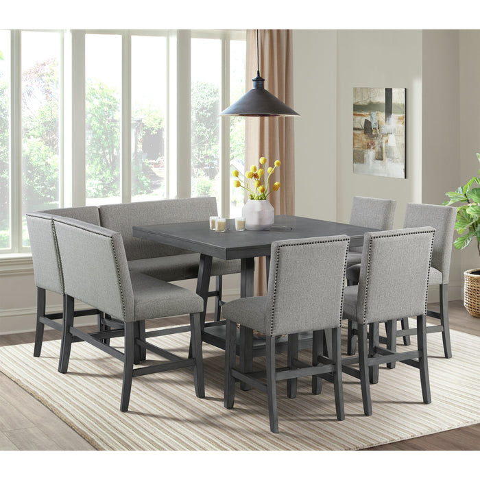 Seneca Counter Corner Bench with Upholstered Back and Grey Fabric